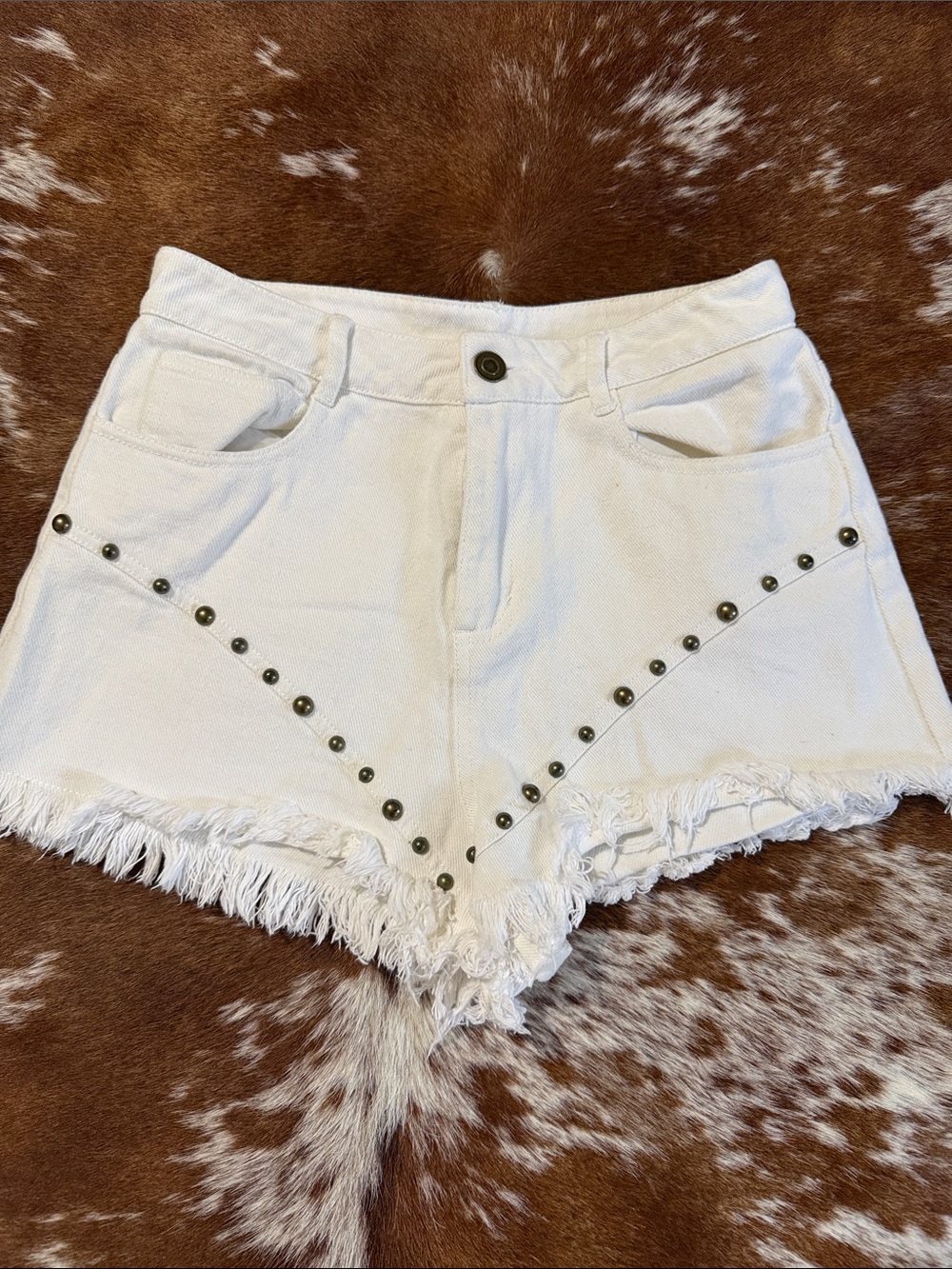 Le Lis White Studded Frayed Denim Shorts